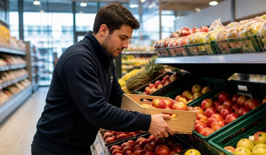 Addetto di supermercato in divisa blu rifornisce un banco di frutta con una cassetta di mele, tra scaffali e corsie.