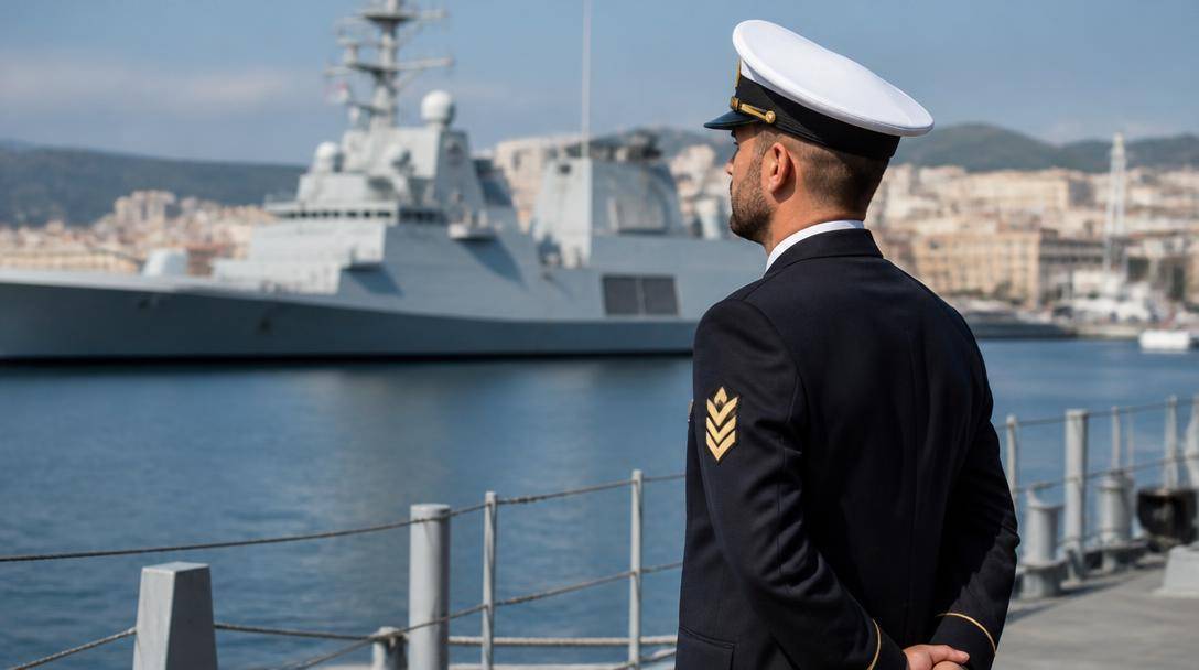 Militare della Marina in uniforme blu e berretto bianco sul ponte di una nave ormeggiata, con strutture navali sullo sfondo.