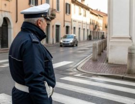 Agente di polizia locale in uniforme blu e berretto bianco controlla la circolazione vicino a un attraversamento pedonale di un piccolo centro urbano.