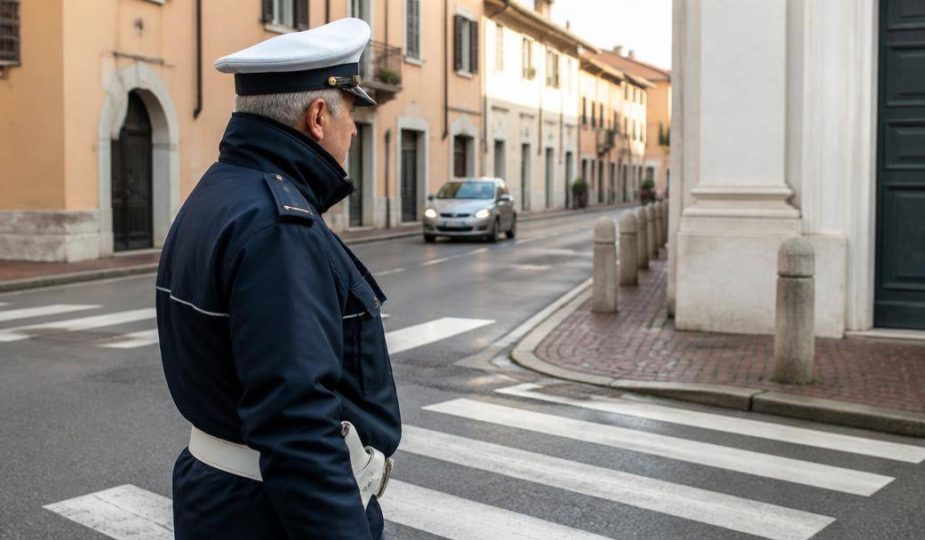 Agente di polizia locale in uniforme blu e berretto bianco controlla la circolazione vicino a un attraversamento pedonale di un piccolo centro urbano.