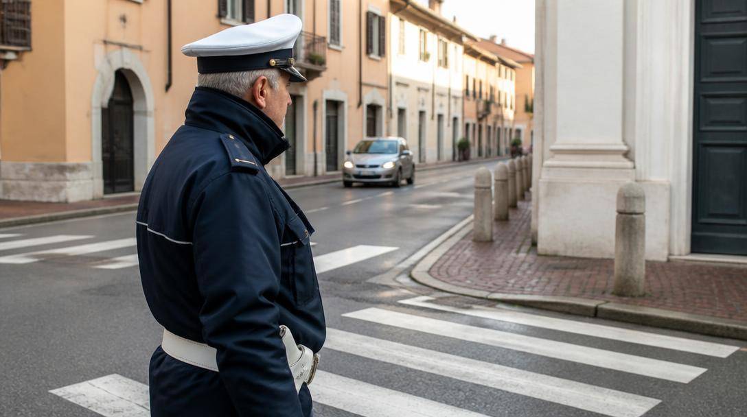 Agente di polizia locale in uniforme blu e berretto bianco controlla la circolazione vicino a un attraversamento pedonale di un piccolo centro urbano.