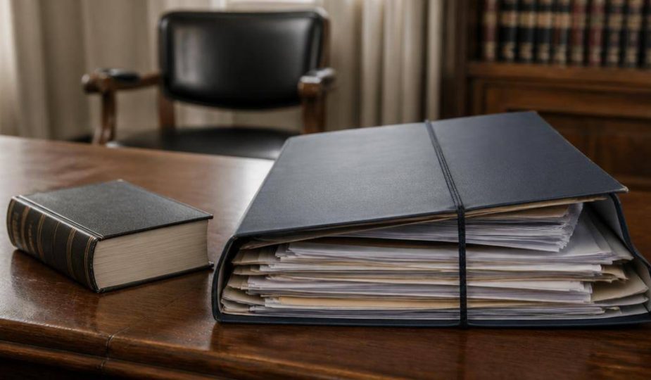 Fascicolo legale aperto con documenti ordinati accanto a un volume giuridico su una scrivania in legno illuminata dalla luce naturale.