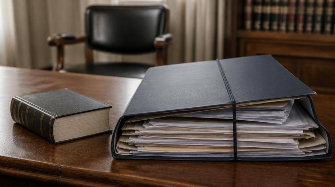 Fascicolo legale aperto con documenti ordinati accanto a un volume giuridico su una scrivania in legno illuminata dalla luce naturale.